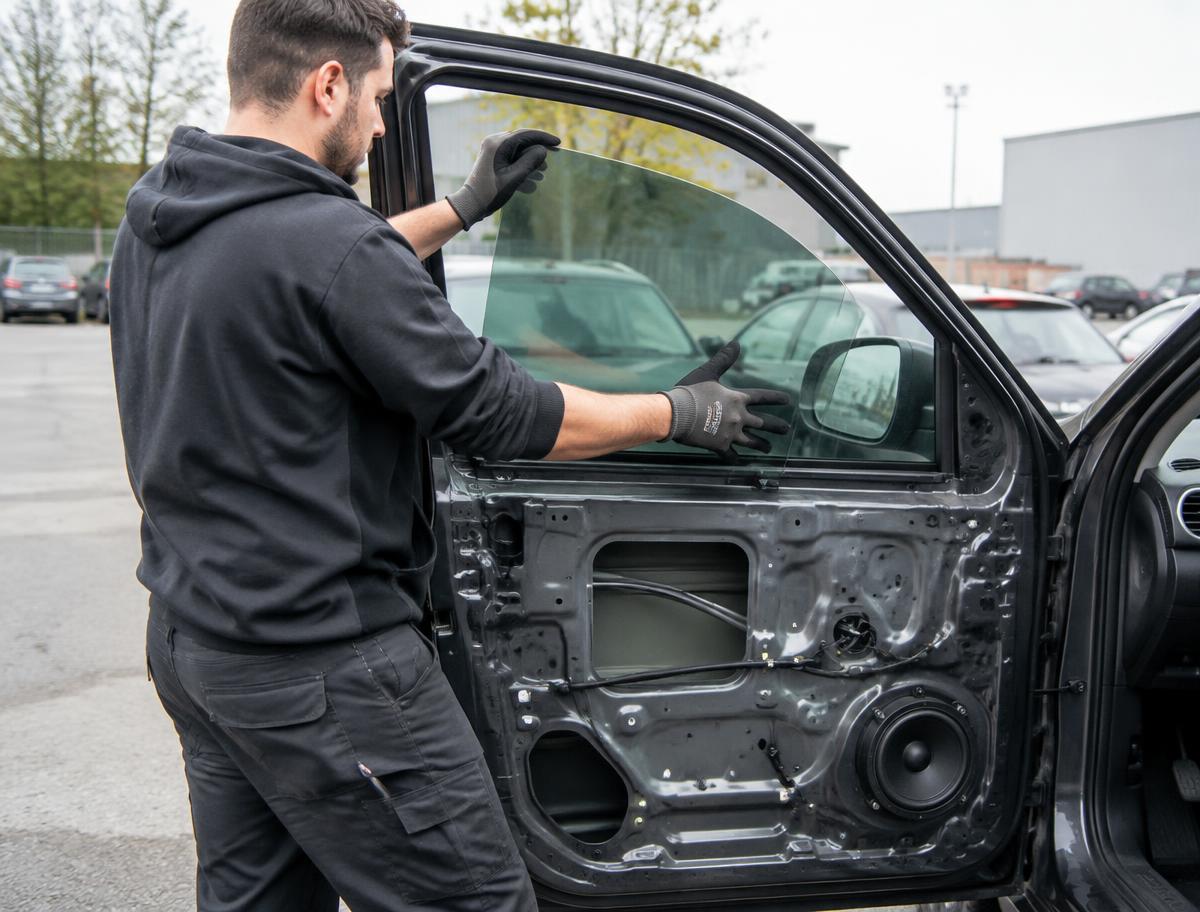 Technicien installant une vitre latérale dans une portière